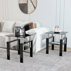 Set of 2 - Modern Tempered Glass Tea End Table - Black