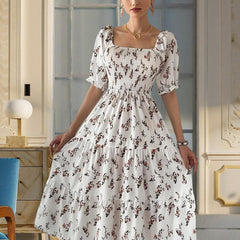 Women's Square Neck Short Sleeve A-Line Floral Print Dress Ruffled Sleeves Bust Smocked Elastic Boho Summer Vacation Dress
