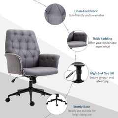 Vinsetto Linen Home Office Chair, Tufted Height Adjustable Computer Desk Chair with Swivel Wheels and Padded Armrests - Dark Gray