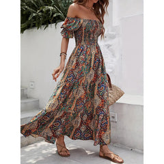 Women's Off The Shoulder Dresses Boho Flowy Smocked Maxi Sundress Beach Vacation Summer Dress