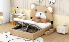 Full Size Upholstery Platform Bed Frame with Cute Bear Shaped Headboard and Two Storage Drawers,Brown