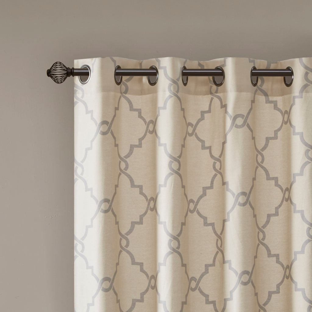 Fretwork Print Grommet Top Window Curtain Panel - Beige+Grey