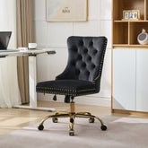 A&A Furniture Office Chair,Modern Velvet Upholstered Tufted Button Home Office Chair with Golden Metal Base,Adjustable Desk Chair Swivel Office Chair (Black)