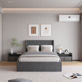 Full Size Bed Frame with 4 Storage Drawers and Wingback Headboard, Button Tufted Design, Dark Grey