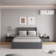 Full Size Bed Frame with 4 Storage Drawers and Wingback Headboard, Button Tufted Design, Dark Grey