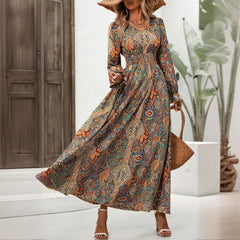 Women's Boho Maxi Dress, V-Neck, Geometric Print, Long Flounce Sleeves, Smocked Waist, A-Line