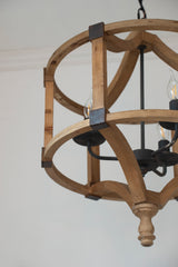 3-Light Wood Drum Chandelier, Hanging Light Fixture with Adjustable Chain