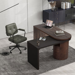 Modern L Shaped Desk in Walnut with 1 Cabinet and Open storage, 360° Wood Rotating Desk 56.92" - Walnut