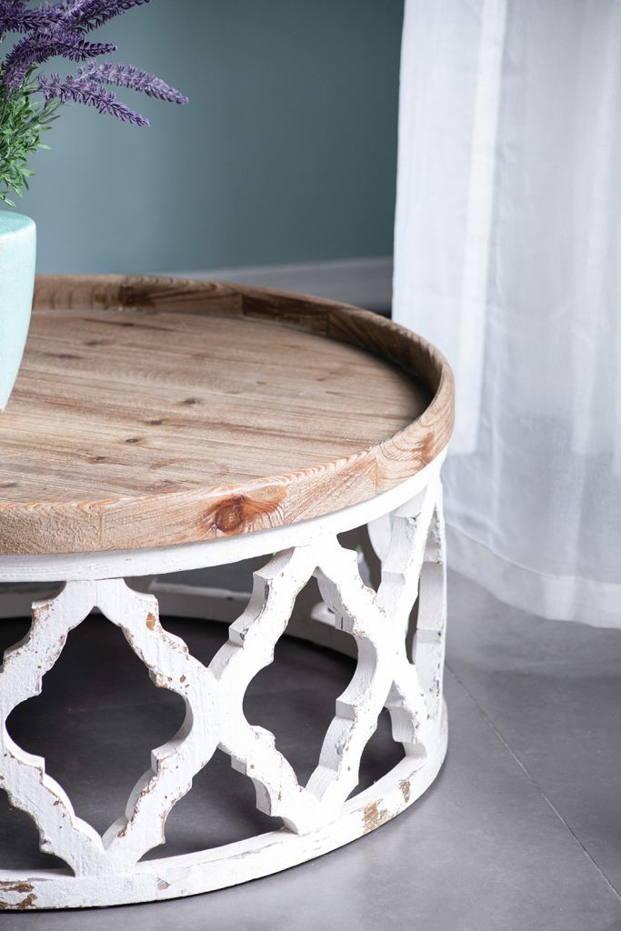 French Country Rustic Round Wooden Coffee Table - White
