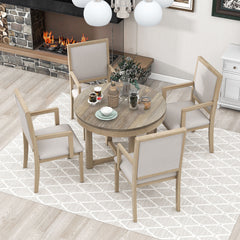 5-Piece Dining Table Set, Two-Size Round To Oval Extendable Butterfly Leaf Wood Dining Table and 4 Dining Chairs with Armrests - Natural Wood Wash