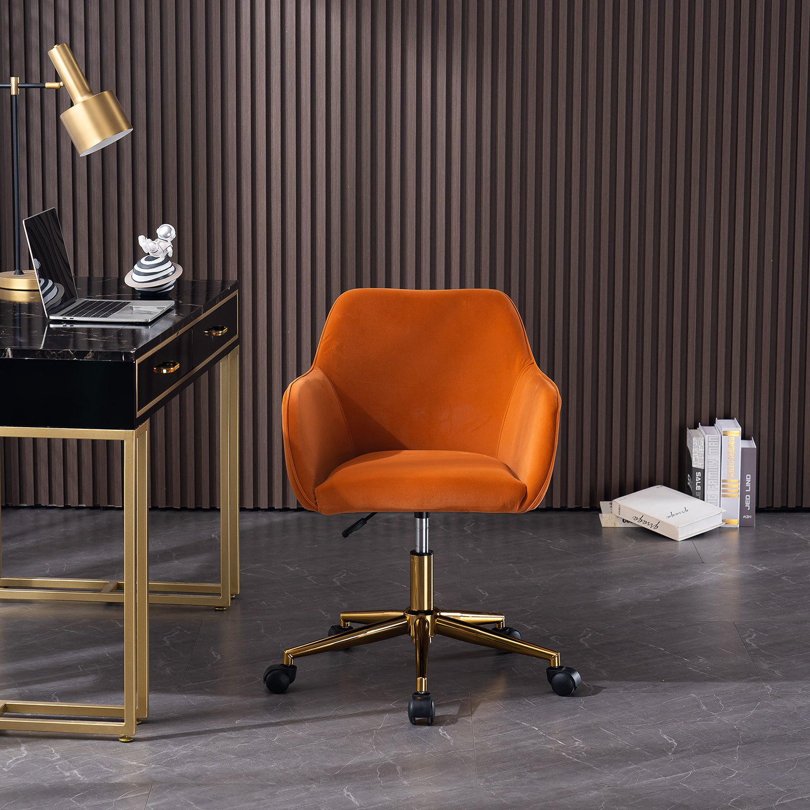 Home Office Chair with Gold Metal Legs and Universal Wheels - Orange