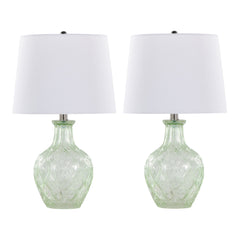 20" Contemporary Glass Accent Lamp in Clear Recycled Spanish Glass, Chrome Metal and White Linen Shade - Set of 2