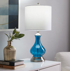 22" Contemporary Accent Lamp in Clear Sapphire Blue Seeded Glass, Brushed Nickel and White Linen Shade