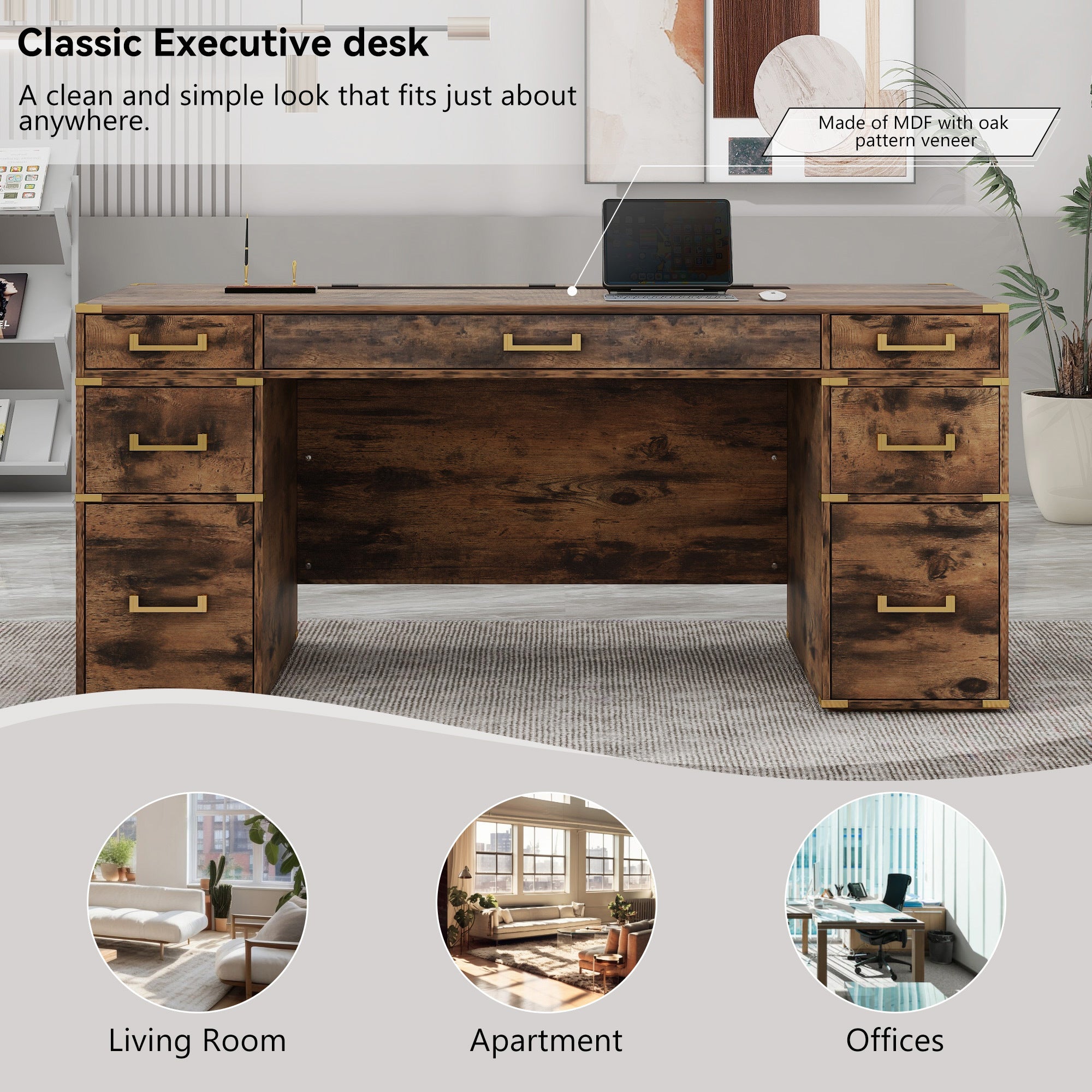 70"Classic and Traditional Executive Desk with Metal Edge Trim - Brown
