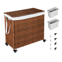 Laundry Hamper With Lid PE Rattan Powder Coating Frame Clothes Hampers with 2 Removable Bags, Wheels, 160L, Brown Color