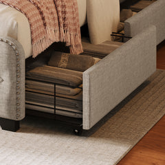 King Bed with Four Drawers, Button Tufted Headboard and Footboard Sturdy Metal Support, No Box Spring Required - Beige