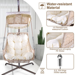 Swing Egg Chair with Stand Indoor Outdoor, UV Resistant Black Cushion with Cup Holder, Wicker Rattan Frame with Sunshade Cloth