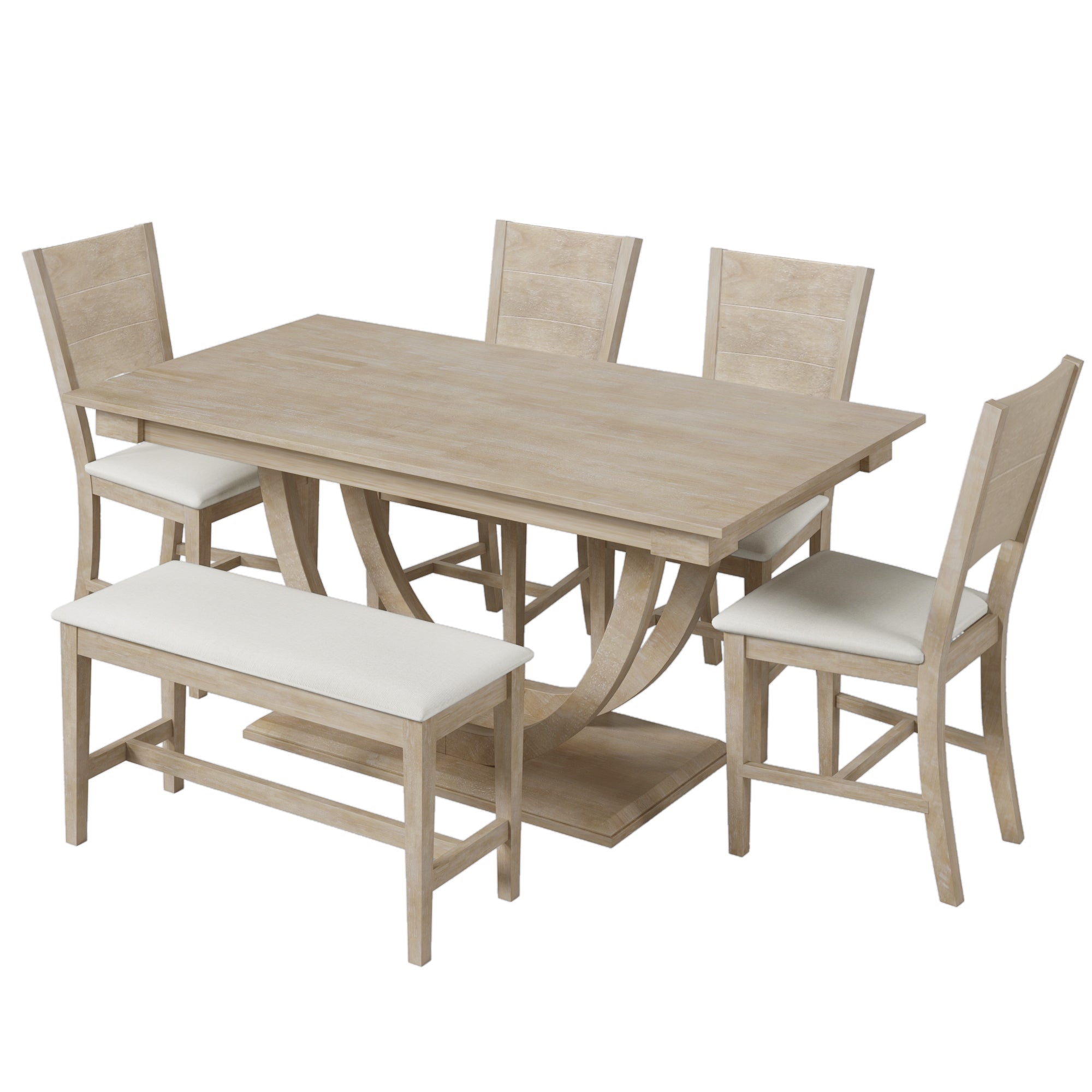 Modern Style 6-Piece Wood Half Round Dining Table Set with Long Bench and 4 Dining Chairs - Natural