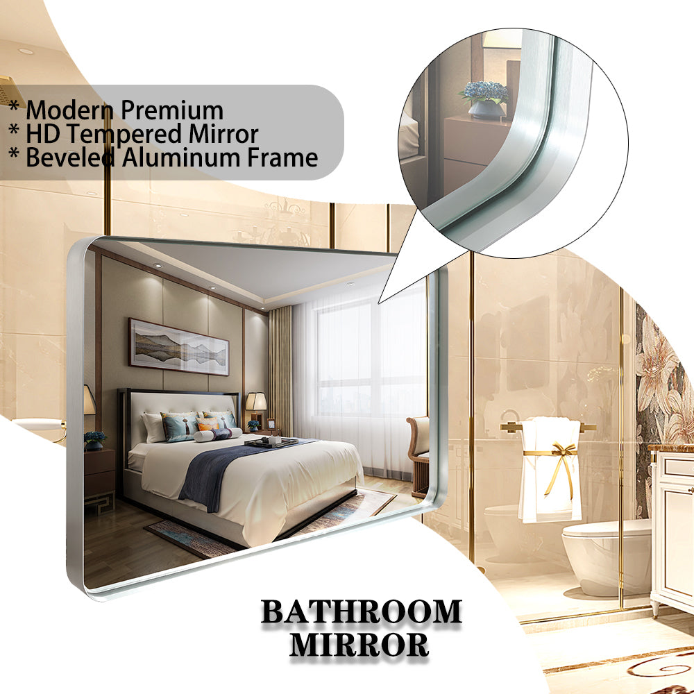 Glossy Brushed Silver Rounded Corner Rectangle Wall Mirror 36x30inch  (Horizontal & Vertical)