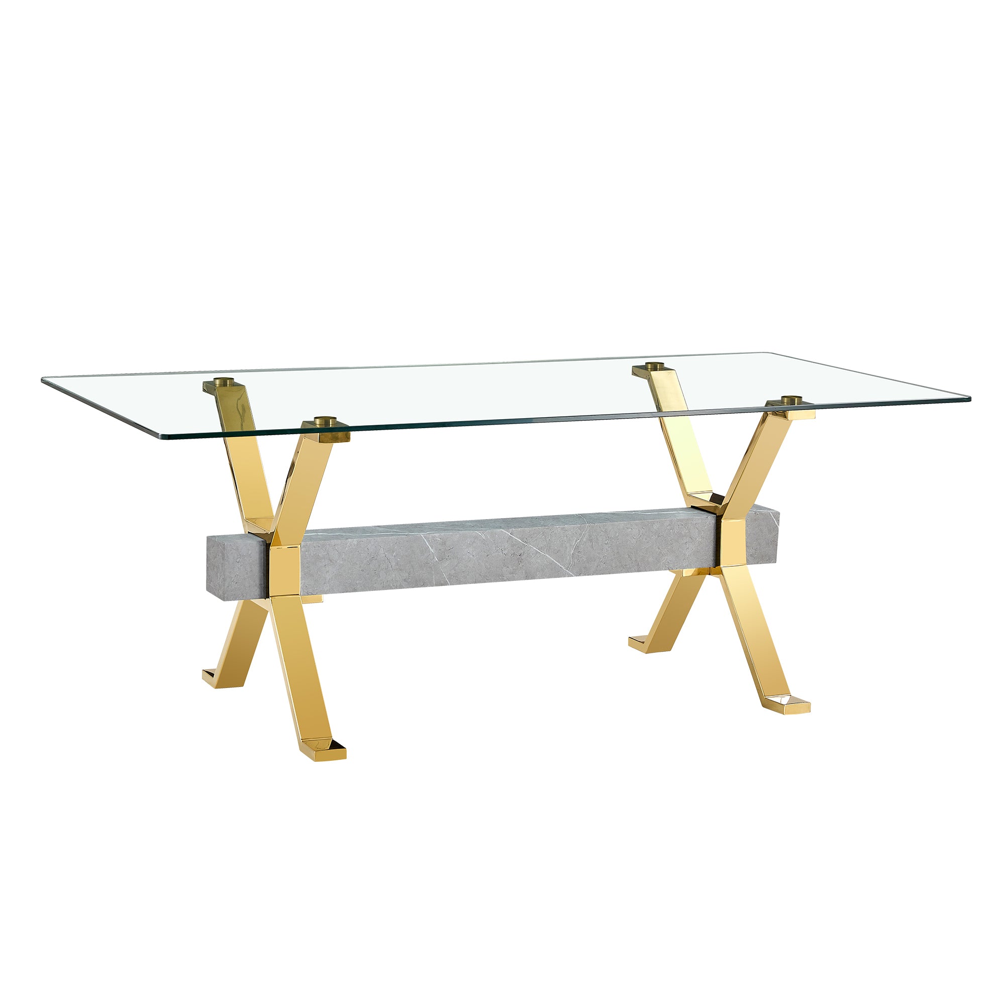 Modern and Luxurious Tempered Glass Rectangular Dining Table with 8 White PU Gold Plated Leg Chairs