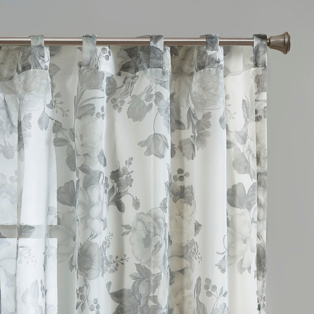 Printed Floral Rod Pocket and Back Tab Voile Sheer Curtain - White