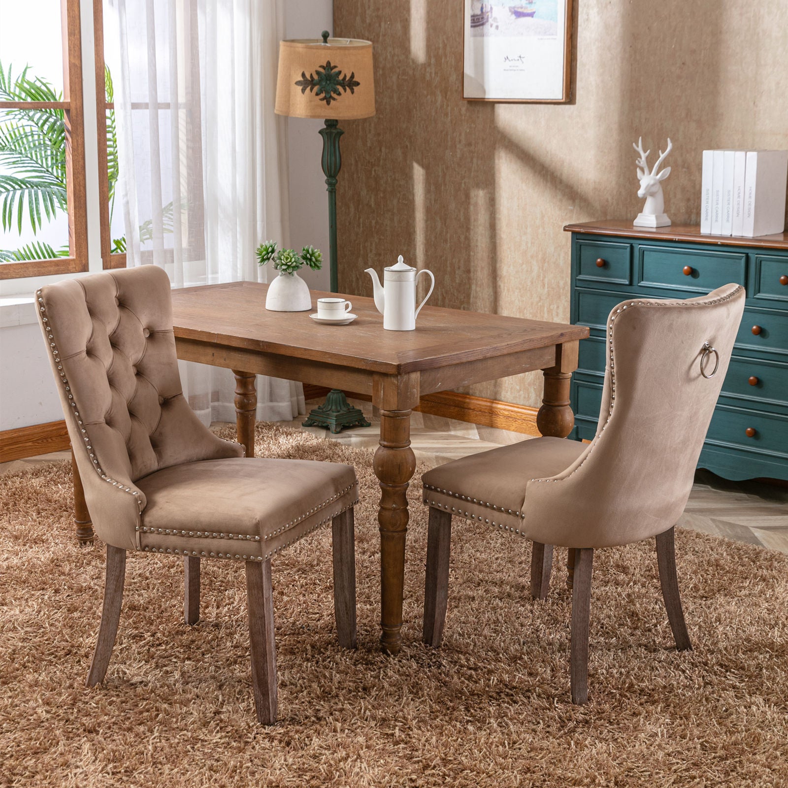 High-end Tufted Solid Wood Contemporary Velvet Upholstered Dining Chair with Wood Legs Nailhead Trim 2-Pcs Set, Khaki