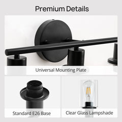 3-Light Vanity Light with Clear Glass Lampshade - Black Metal