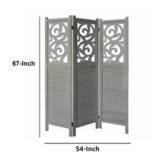 Paulownia Wood Panel Divider Screen, 67 Inch Ornate Scrolled Shutter Design, 3 Panels - Rustic Gray