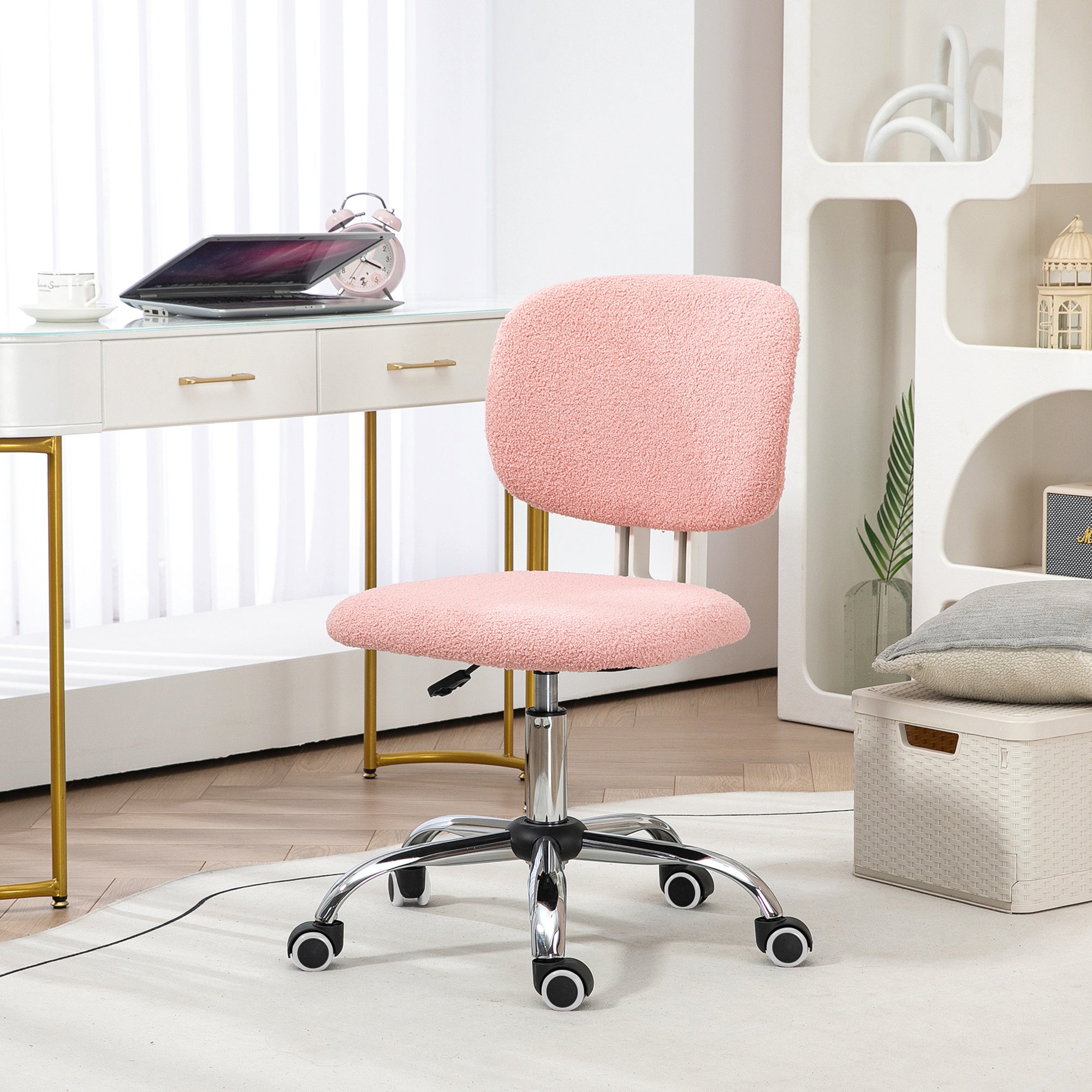 Cute Armless Office Chair, Teddy Fleece Fabric Computer Desk Chair, Vanity Task Chair with Adjustable Height, Swivel Wheels, Mid Back - Pink