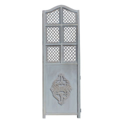 Three Panel Wooden Room Divider with Traditional Carvings and Cutouts - Blue