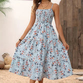 Women's Floral Midi Dress, Smocked Bodice, Spaghetti Strap, Tiered Summer Dress