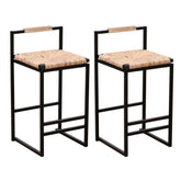 Set of 2 Water Hyacinth Woven Bar Stools with Back Support, Counter Height Dining Chairs, Natural Finish, Metal Frame
