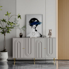 Modern Gray Lacquered 4 Door Wooden Cabinet Sideboard Buffet Server