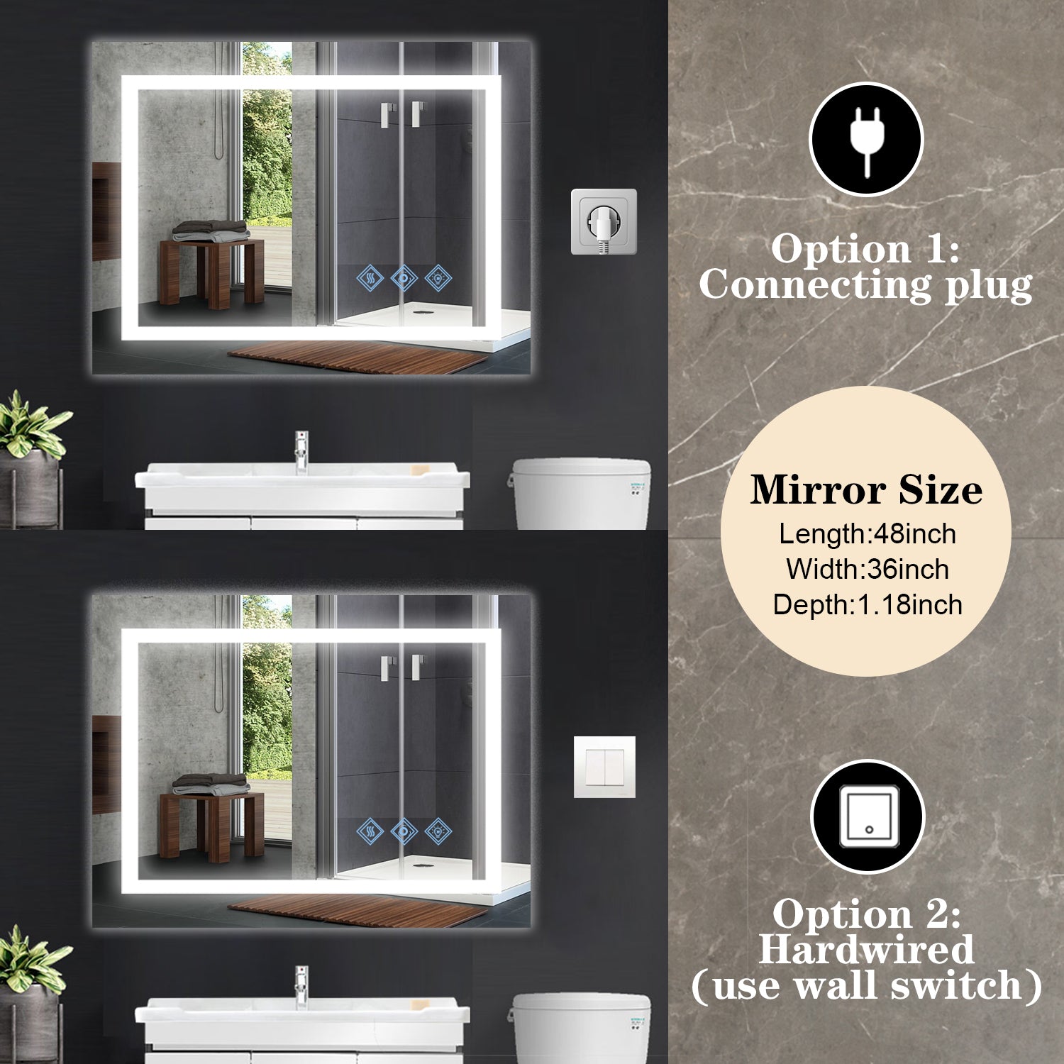 LED Bathroom Mirror, 3000-6000K Gradient Front and Backlit LED Mirror 48x36inch, IP54 Enhanced Anti-Fog
