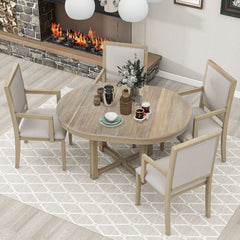 5-Piece Dining Table Set, Two-Size Round To Oval Extendable Butterfly Leaf Wood Dining Table and 4 Dining Chairs with Armrests - Natural Wood Wash