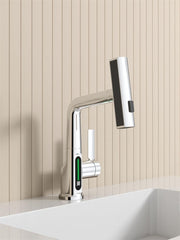 Pull-Out Lift LED Temperature Digital Display Basin Faucet, Single Handle 360° Rotatable Waterfall 3-in-1 Basin Tap with Adjustable Height - Chrome