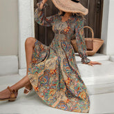 Women's Boho Maxi Dress, V-Neck, Geometric Print, Long Flounce Sleeves, Smocked Waist, A-Line