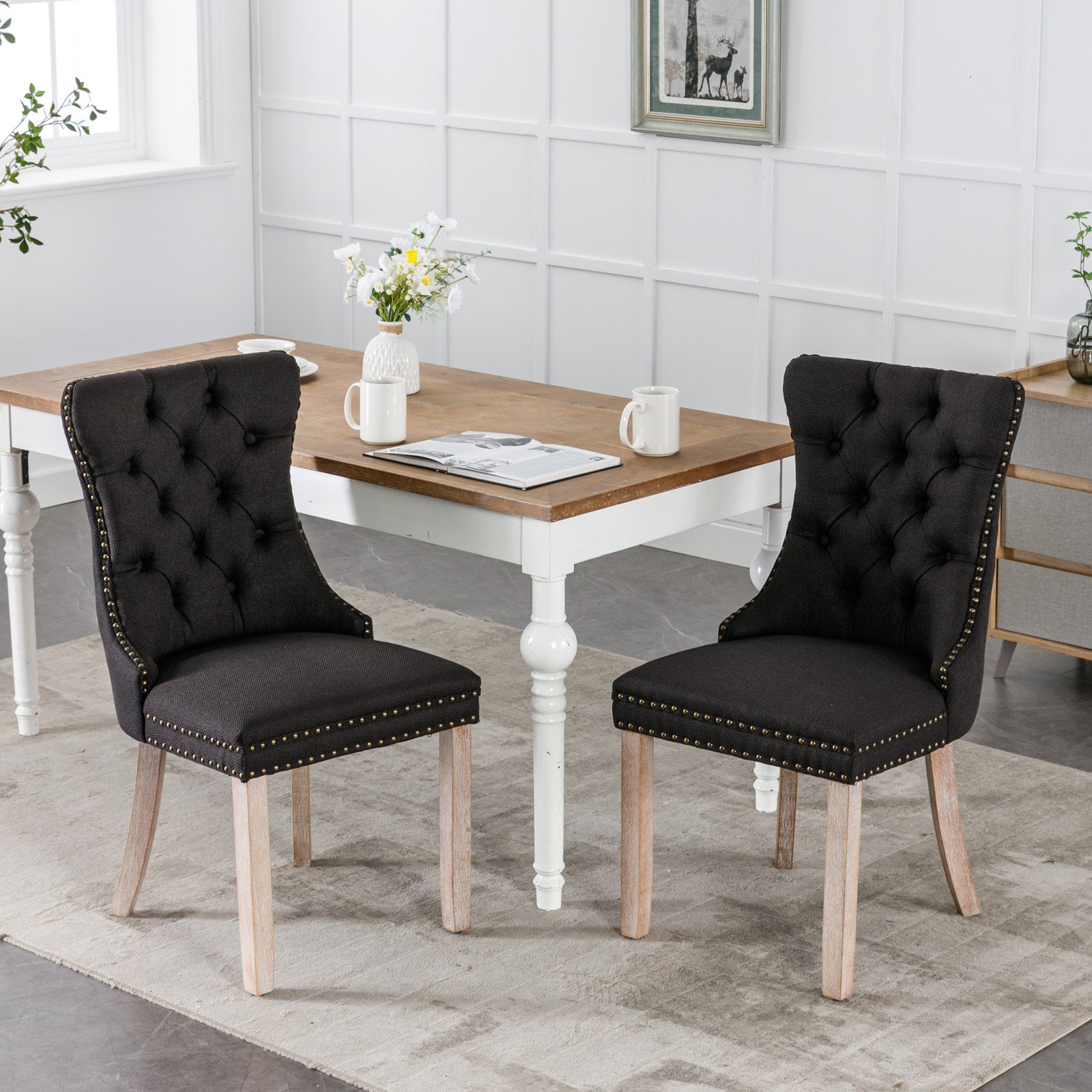 Set of 2 - High-end Tufted Solid Wood Contemporary Flax Upholstered Linen Dining Chair with Wood Legs Nailhead Trim - Black Linen
