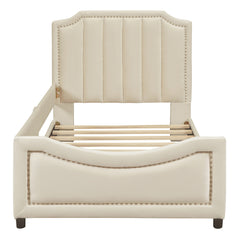Twin Size Upholstered Daybed with Classic Stripe Shaped  Headboard - Beige