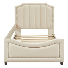 Twin Size Upholstered Daybed with Classic Stripe Shaped Headboard - Beige