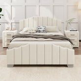 3 Pieces Bedroom Sets Full Size Velvet Upholstered Platform Bed Vertical Channel Tufted Headboard and Two Three-drawer Nightstands,Beige