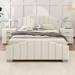 3 Pieces Bedroom Sets Full Size Velvet Upholstered Platform Bed Vertical Channel Tufted Headboard and Two Three-drawer Nightstands,Beige