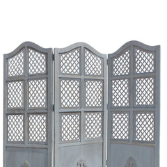 Three Panel Wooden Room Divider with Traditional Carvings and Cutouts - Blue