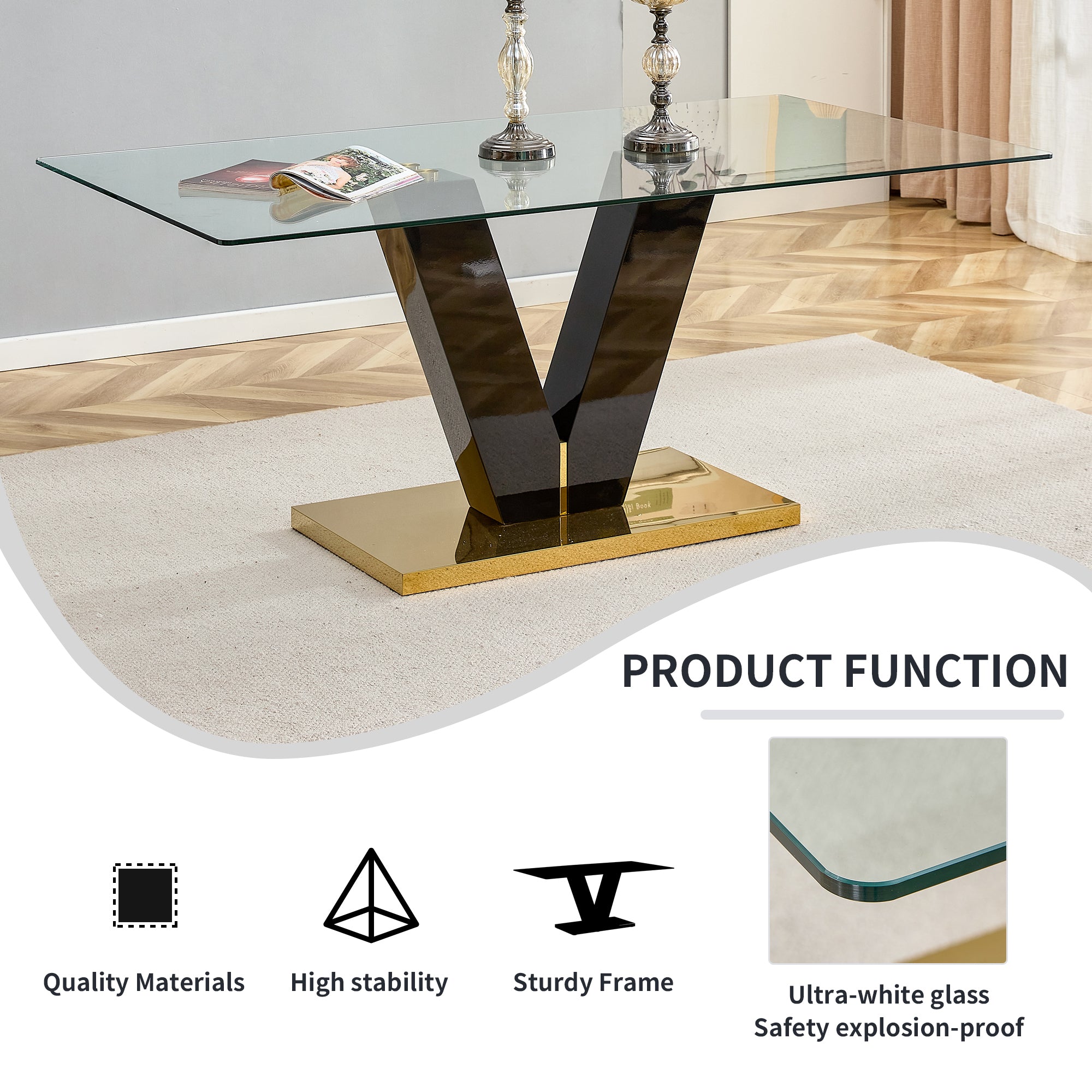 Large Modern Glass Dining Table for 6-8 with 0.4" Tempered Glass Tabletop and MDF slab V-Shaped Bracket and Metal Base
