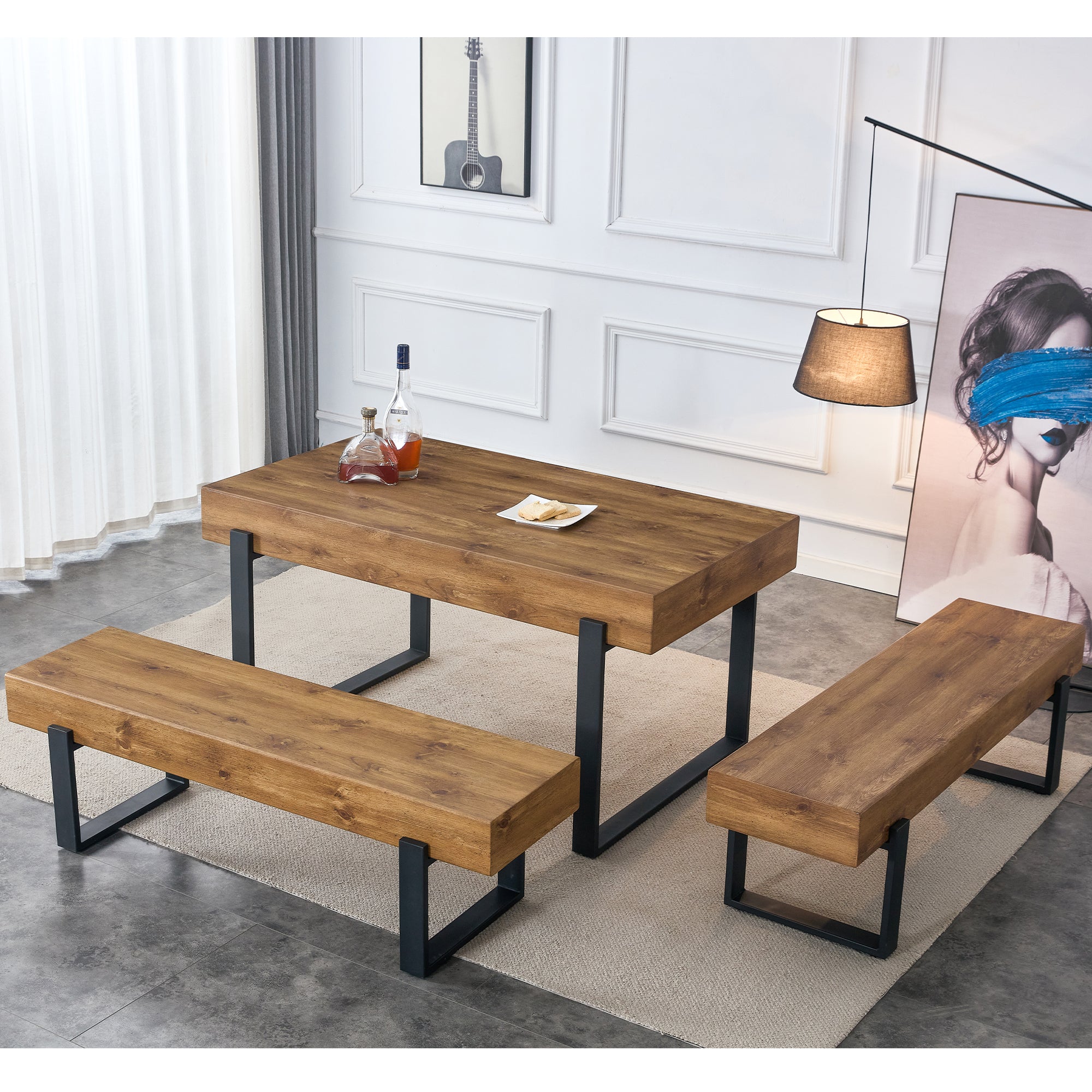 3-Piece Dining Table Set for 4 People, 59" Kitchen Table Set with 2 Bench, Dining Room Table with Heavy-Duty Frame, Easy Assembly - Natural Wood Wash