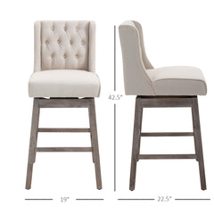 Bar Height Bar Stools Set of 2, 180 Degree Swivel Barstools, 30" Seat Height Bar Chairs with Solid Wood Footrests and Button Tufted Design, Beige