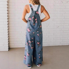 Women's Floral Print Denim Overalls, Wide Leg Jumpsuit, Sleeveless with Pockets