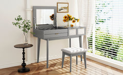 43.3" Classic Wood Makeup Vanity Set with Flip-top Mirror, Stool and storage space - Grey