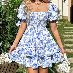 Women's Floral Print Smocked Mini Dress, Square Neck, Puff Sleeve