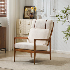 Mid Century Modern Accent Armchair, Solid Wood Frame with High Back, Beige Boucle Upholstered Cushions, Ergonomic Lounge Chair for Living Room/Bedroom/Reading Nook